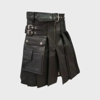 Black Leather Gladiator Pleated Kilt