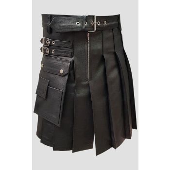 Black Leather Gladiator Pleated Kilt
