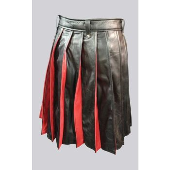 Black Red Pleated Leather Kilt