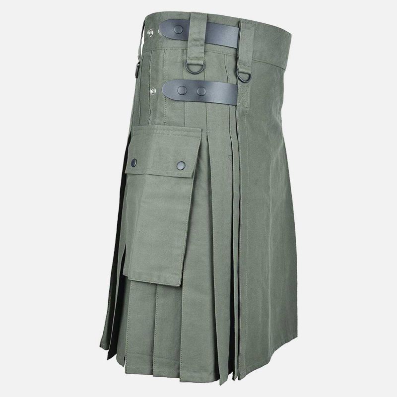 Olive Green Utility Cotton Kilt For Men