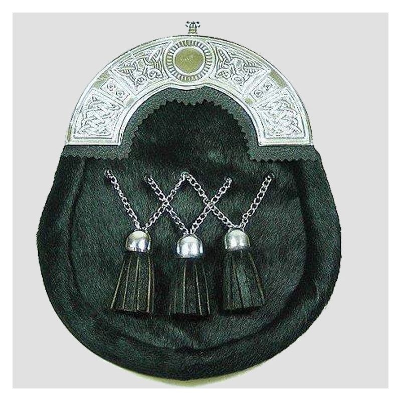 Black Calfskin Sporran with Chrome Celtic Cantle & Tassels