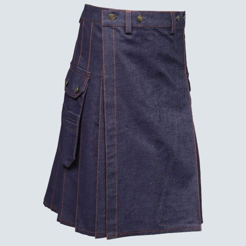 Blue Denim Utility Kilt With Red Thread