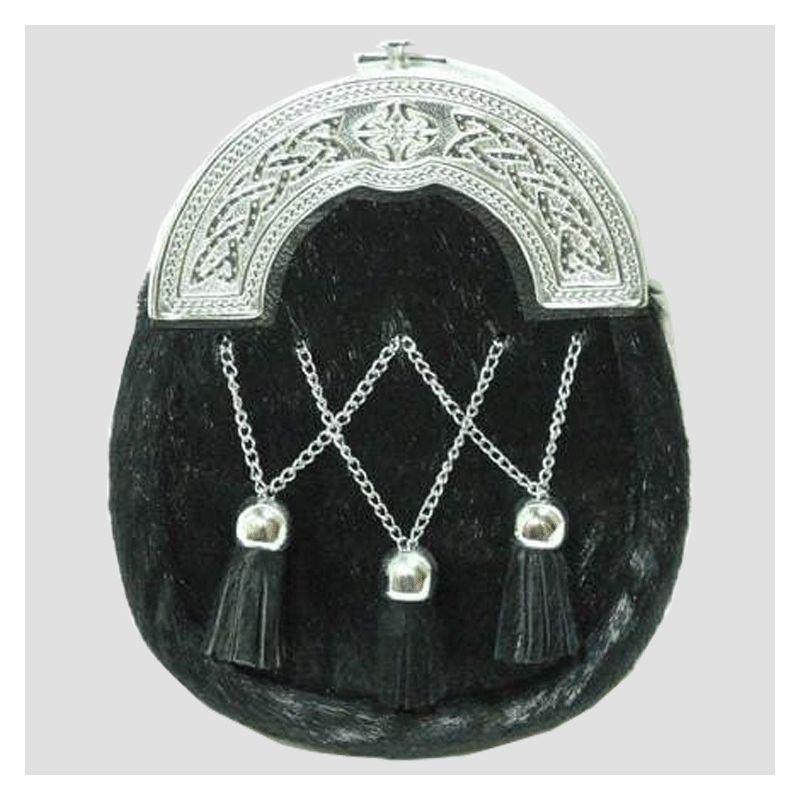 Chrome Plain Celtic Black Calfskin Sporran With Crossed Tassels