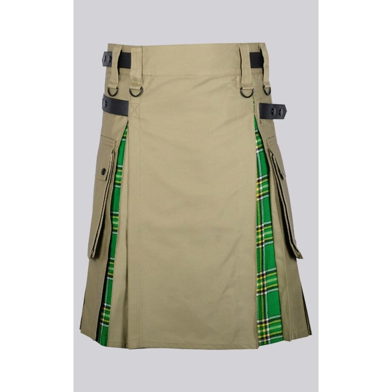 Khaki Cotton Irish Tartan Cargo Hybrid Kilt