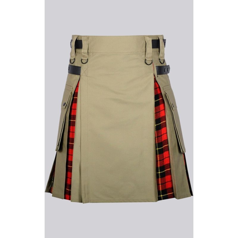 Khaki Cotton Wallace Tartan Cargo Hybrid Kilt