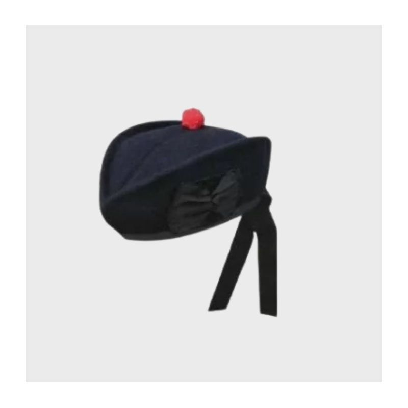 Plain Black Glengarry Cap Red Pom