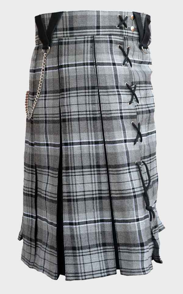 Box Pleated Grey Hamilton Kilt with Laces for Men