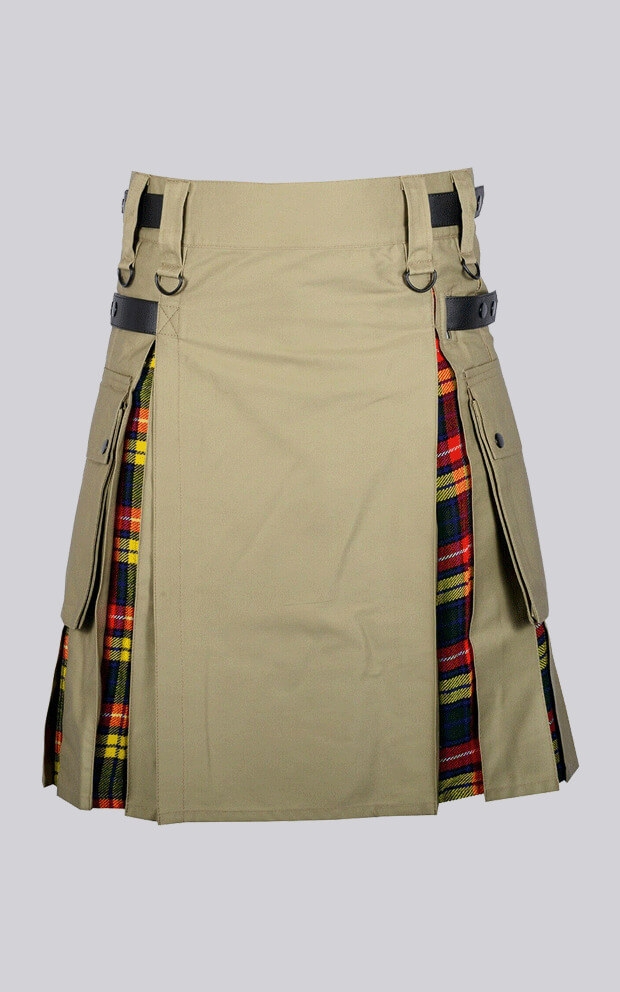 Khaki Cotton Buchanan Tartan Cargo Hybrid Kilt