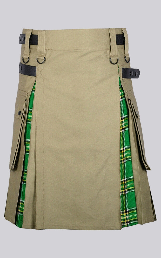 Khaki Cotton Irish Tartan Cargo Hybrid Kilt