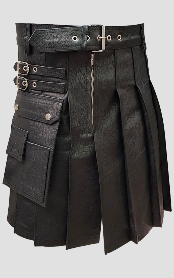 Black Leather Gladiator Pleated Kilt